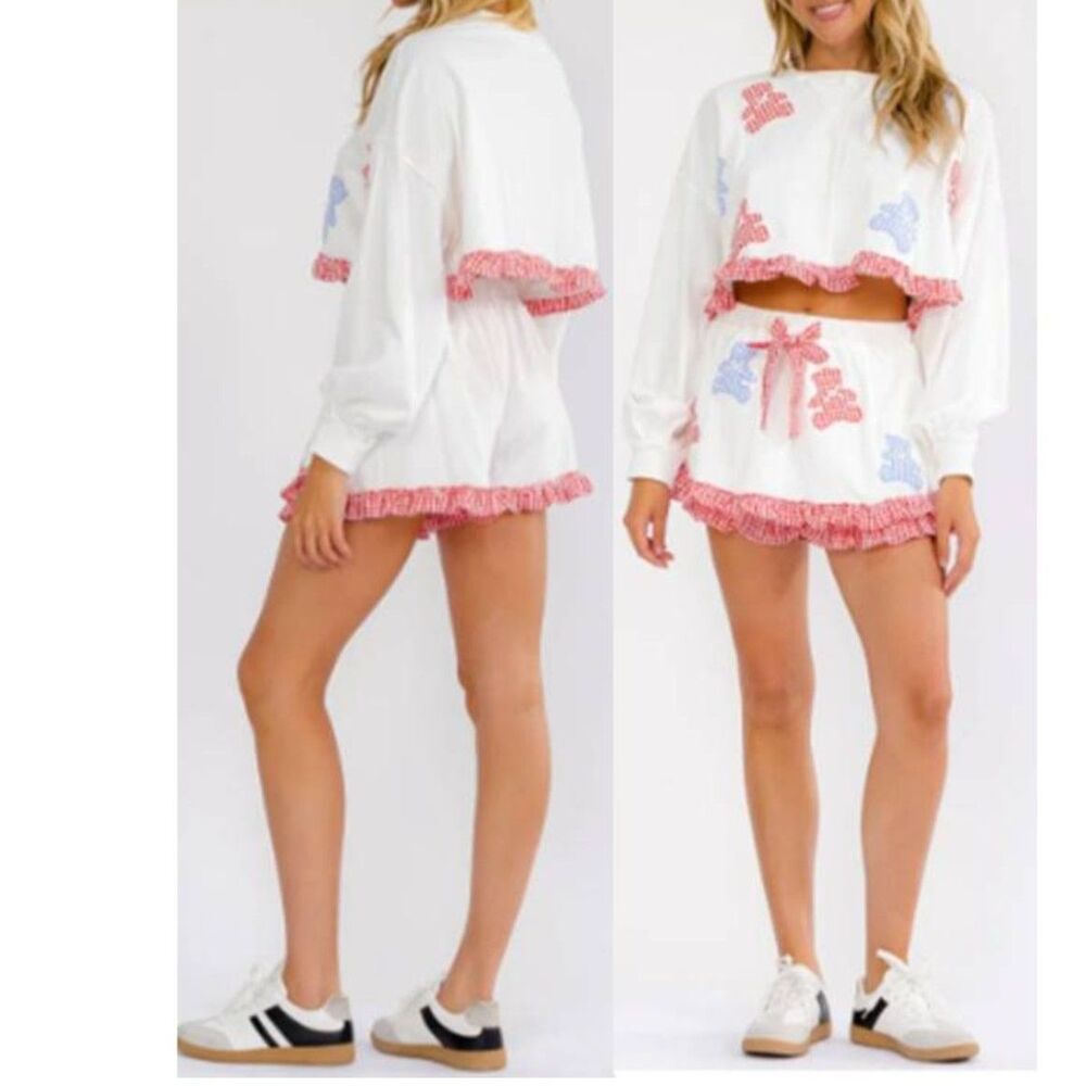 Women's Western Style Plaid Hem Teddy Graphic Knit Crop Top & Mini Skorts 2 Sets